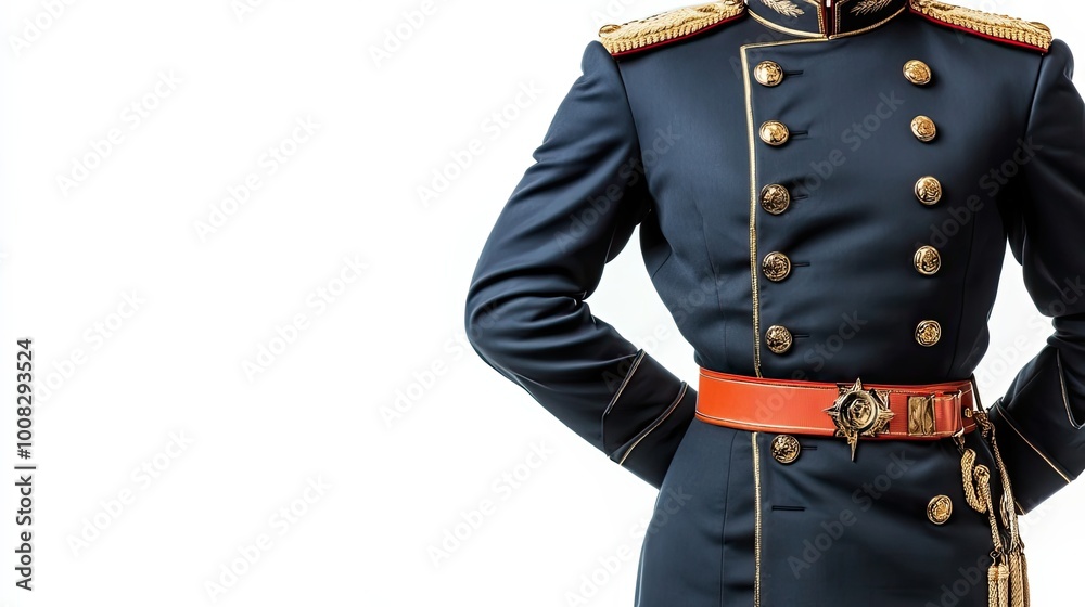 Close-up of a Man Wearing a Formal Military Uniform with Gold Buttons and a Red Belt Close-up of a Man Wearing a Formal Military Uniform with Gold Buttons and a Red Belt
