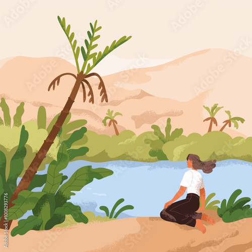 Woman at peaceful tranquil desert oasis, calm nature landscape. Female charac...