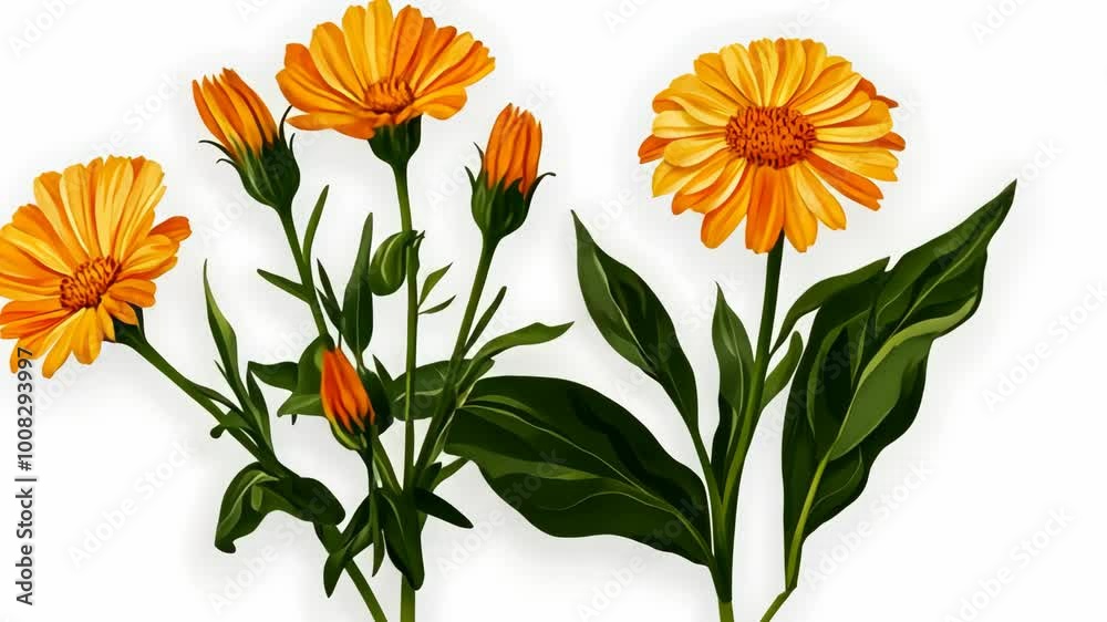 A cluster of marigold flowers with green leaves is shown against a white background A cluster of marigold flowers with green leaves is shown against a white background