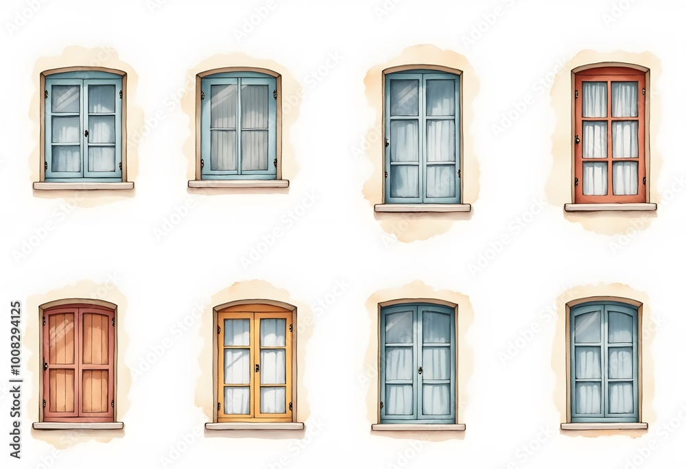 Open and closed windows with colorful wooden shutters. Mediterranean style in architecture. Isolated on a white background. Set, collage. Square format.
Open and closed windows with colorful wooden shutters. Mediterranean style in architecture. Isolated on a white background. Set, collage. Square format.