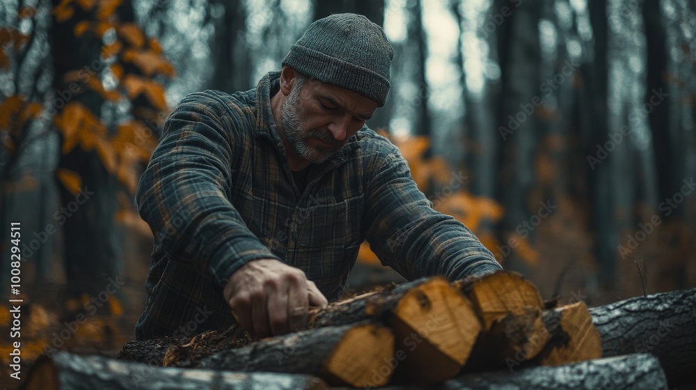 Man Chopping Wood in a Forest, Outdoor Survival Activity