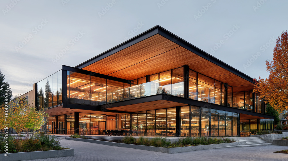 A panoramic view of a completed mass timber building, with its wooden structure visible through glass walls. A panoramic view of a completed mass timber building, with its wooden structure visible through glass walls.