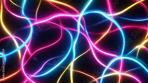 Neon futuristic flashes on black background. Motion light lines backdrop. For banner, postcard, illustration. Created with generative AI tools 