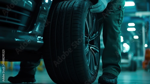 A person is changing a tire in a dimly lit automotive workshop, focusing on the tire's tread and the person's legs.