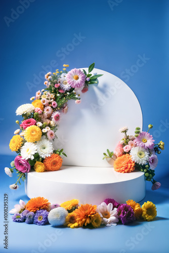 White round podium with smooth surface adorned with circular back panel and colorful flowers in orange, pink, purple, and yellow against blue background. Floral product display background 