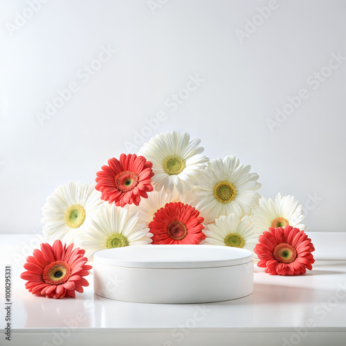 White round low podium with smooth surface surrounded by red and white gerberas flowers against light grey background. Minimalist floral-themed product display background with copy space