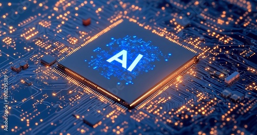 Futuristic circuit board technology background with brightly glowing AI chip in the center. CPU processor with artificial intelligence icon consists of light neon pixels. Vector illustration. Tech bg. photo