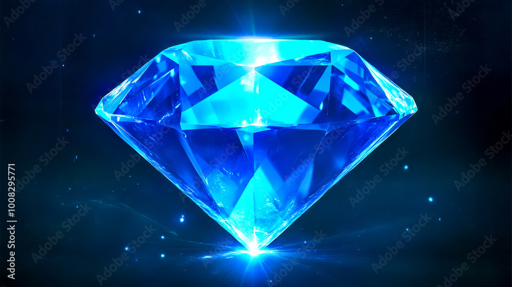 Large brilliant faceted diamond shining on dark blue background Large brilliant faceted diamond shining on dark blue background