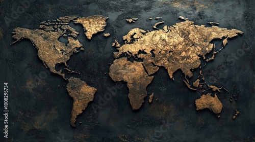 Golden World Map on Dark Background.