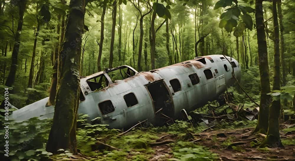 Crashed plane in a forest.