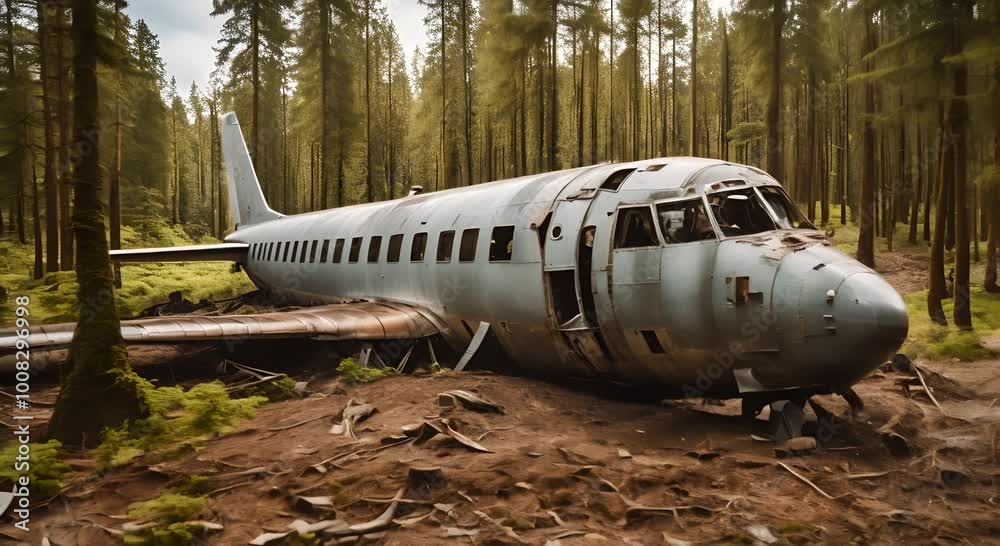 Crashed plane in a forest.