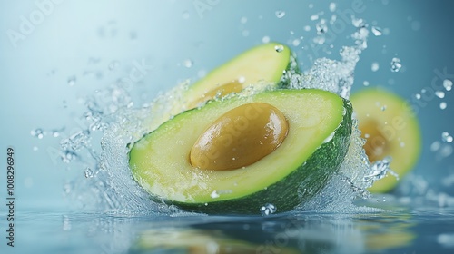 Avocado isolated on white background. Avocado water splash effect. photo