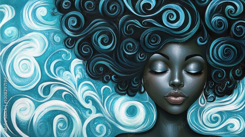 Whimsical portrait of woman with swirling blue hair Whimsical portrait of woman with swirling blue hair