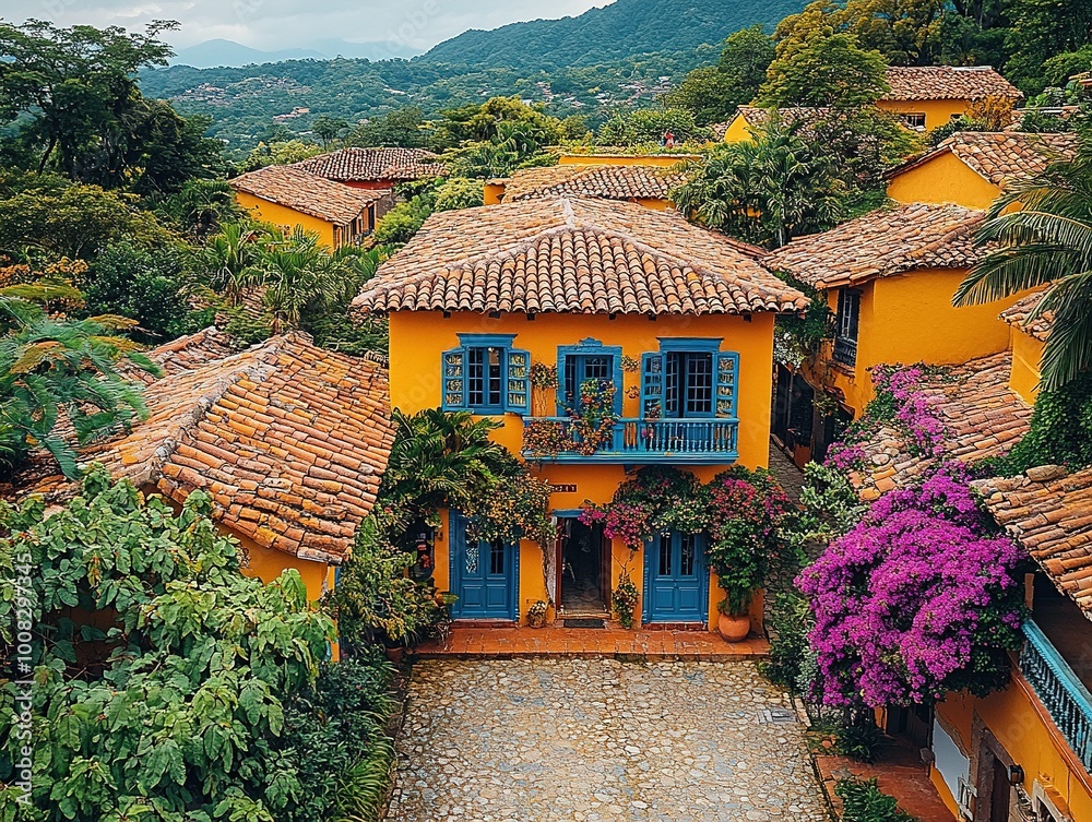 Obraz premium Sunlit Streets of Santa Fe de Antioquia Showcasing Colonial Architecture and Vibrant Colors