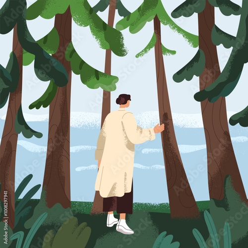 Person walking in peaceful forest by sea, enjoying serene nature and fresh ai...
