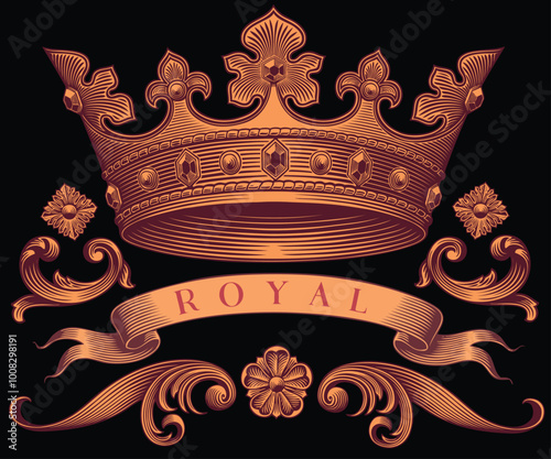 Royal crown and design elements. Design set. Editable hand drawn illustration. Vector vintage engraving. Isolated on black background. 8 EPS