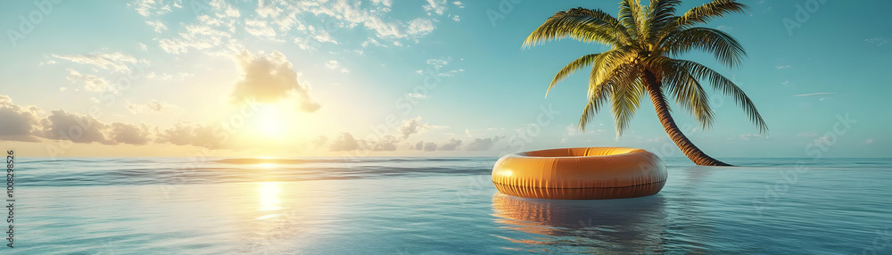Inflatable Ring Floating on Calm Ocean at Sunset - 3D Illustration Inflatable Ring Floating on Calm Ocean at Sunset - 3D Illustration