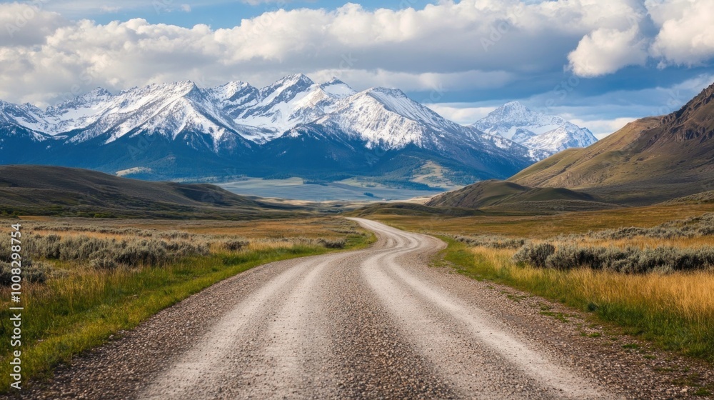 A winding dirt road leads through a grassy valley toward snow-capped mountains under a bright blue sky with fluffy white clouds. A winding dirt road leads through a grassy valley toward snow-capped mountains under a bright blue sky with fluffy white clouds.