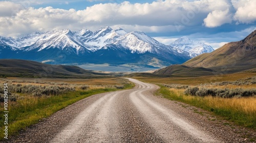 A winding dirt road leads through a grassy valley toward snow-capped mountains under a bright blue sky with fluffy white clouds.