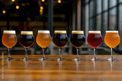 Diverse selection of craft beers, poured into different glasses to enhance their unique profiles. The arrangement on a rustic wooden bar.