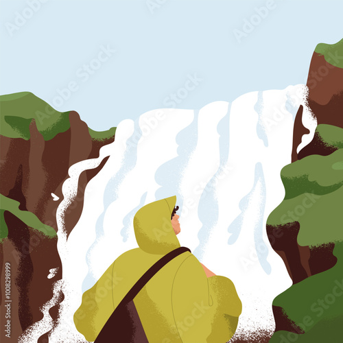Person looking at serene waterfall, peaceful calming water and cliff view. En...