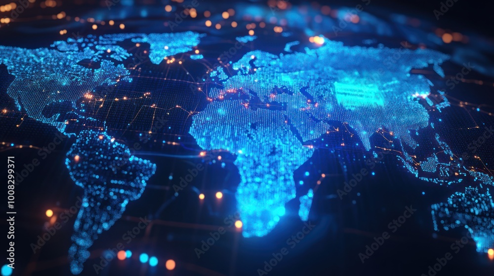 A blue glowing digital world map with lines of data connection. A blue glowing digital world map with lines of data connection.