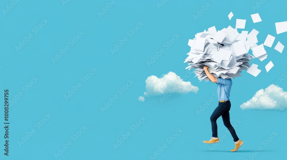 Cartoon illustration of a person struggling to carry a pile of paper, with the caption Cartoon illustration of a person struggling to carry a pile of paper, with the caption