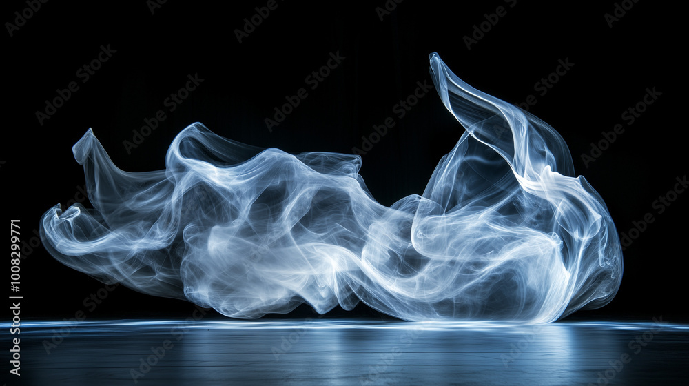 Fototapeta premium Mystical mist. Swirling smoke in dark and light symphony. Fluid fantasia. Abstract dance of fog and light on floor with black background