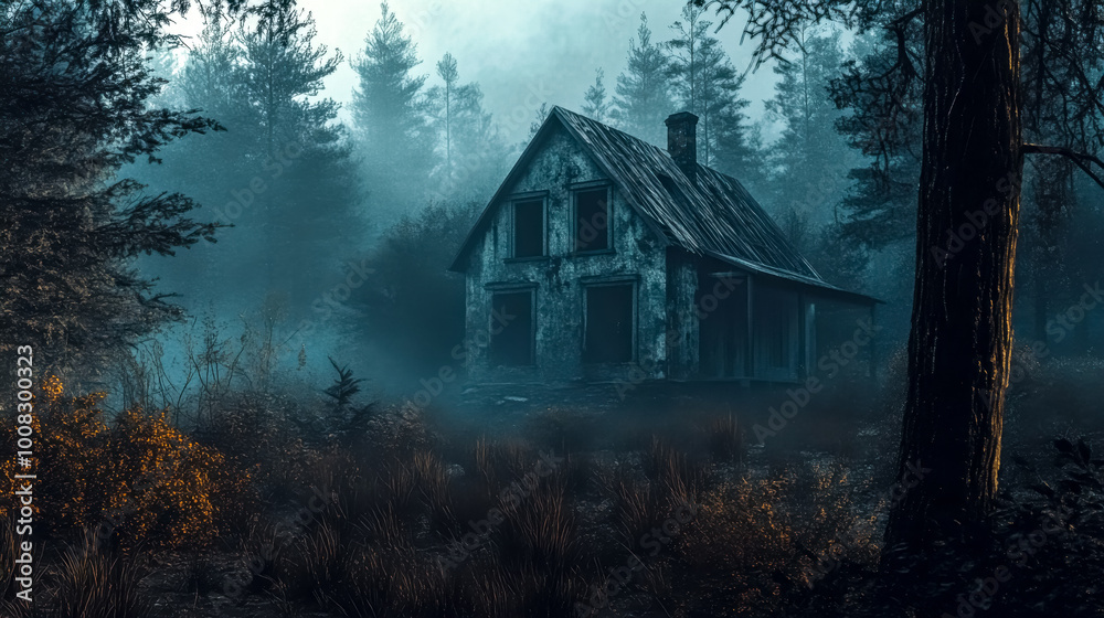 Abandoned house emerging from fog in dark forest at night Abandoned house emerging from fog in dark forest at night