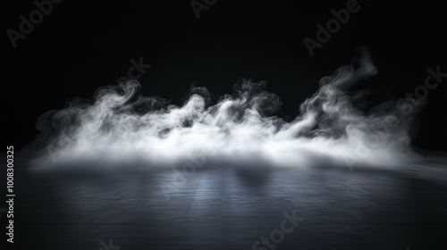 Mystical mist. Swirling smoke in dark and light symphony. Fluid fantasia. Abstract dance of fog and light on floor with black background
