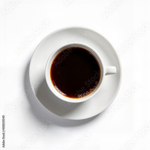 cup of rich coffee in white cup on white background top view, Al Generation