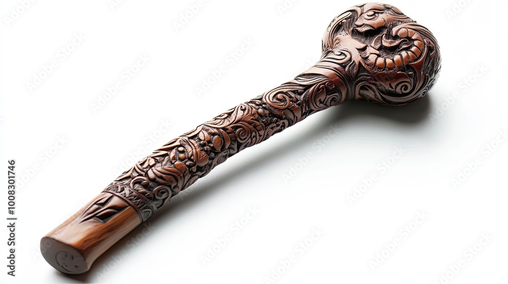 Ornate Wooden Walking Stick with Intricate Carvings