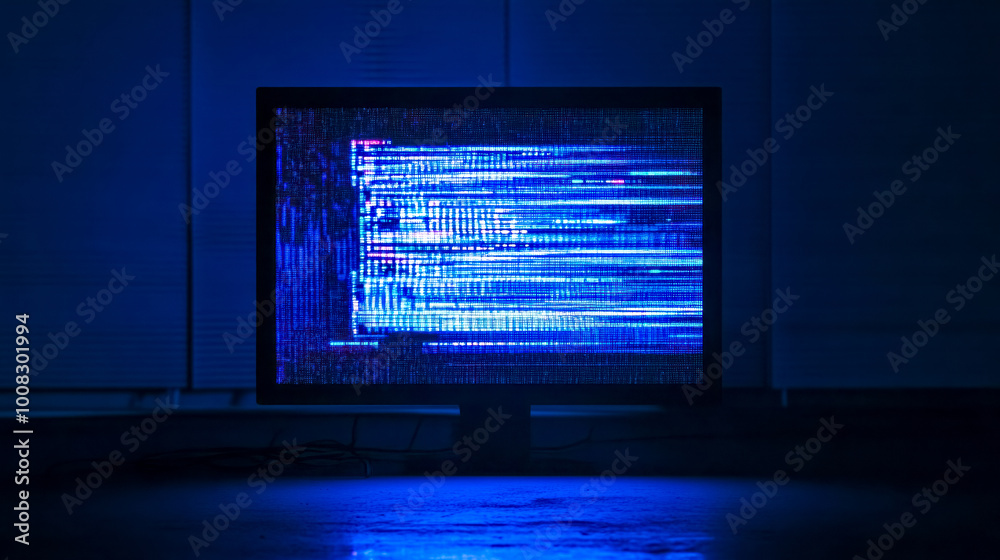 Computer screen displaying blue code in dark room Computer screen displaying blue code in dark room