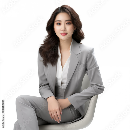 Asian business woman sitting on white background