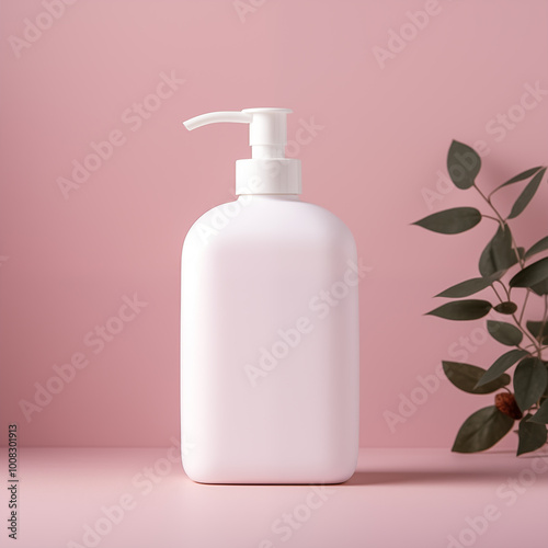 White cream container with pump dispenser isolated on pink background. Plastic cream tube. Cosmetic packaging mock up.