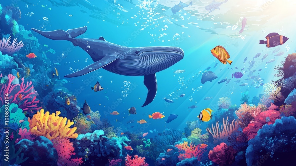 Obraz premium A blue whale swims over a vibrant coral reef teeming with colorful fish.