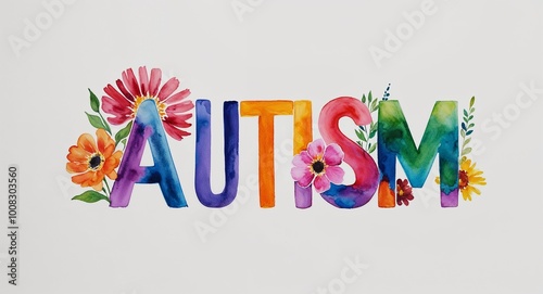 autism word lettering with watercolor painting flowers on plain white background