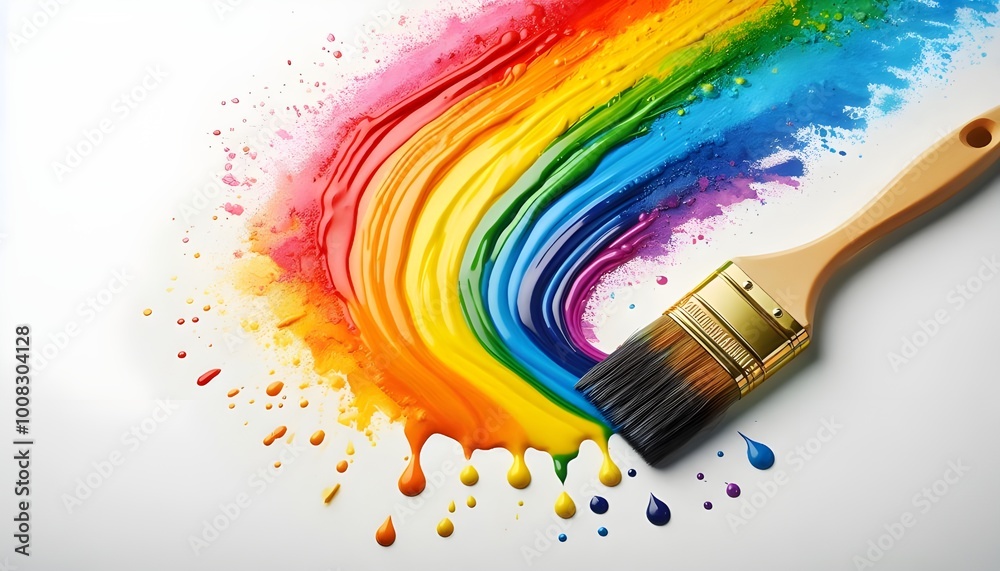 Obraz premium Rainbow color paint scattered on a white canvas, generative AI
