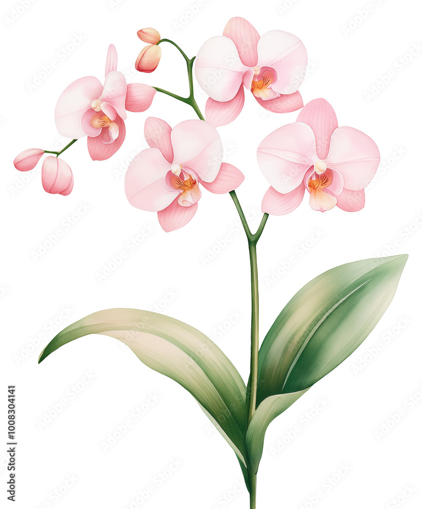 Obraz premium Delicate pink orchids with lush green leaves showcasing elegance in floral design isolated on transparent background.