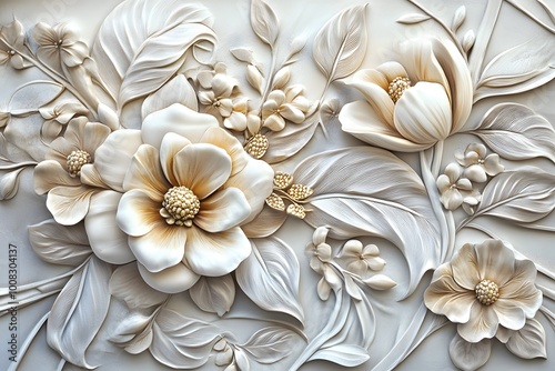 Intricate floral relief design showcasing elegant blossoms and leaves.