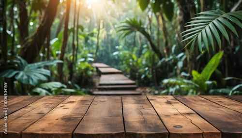 wood table forest blur background 