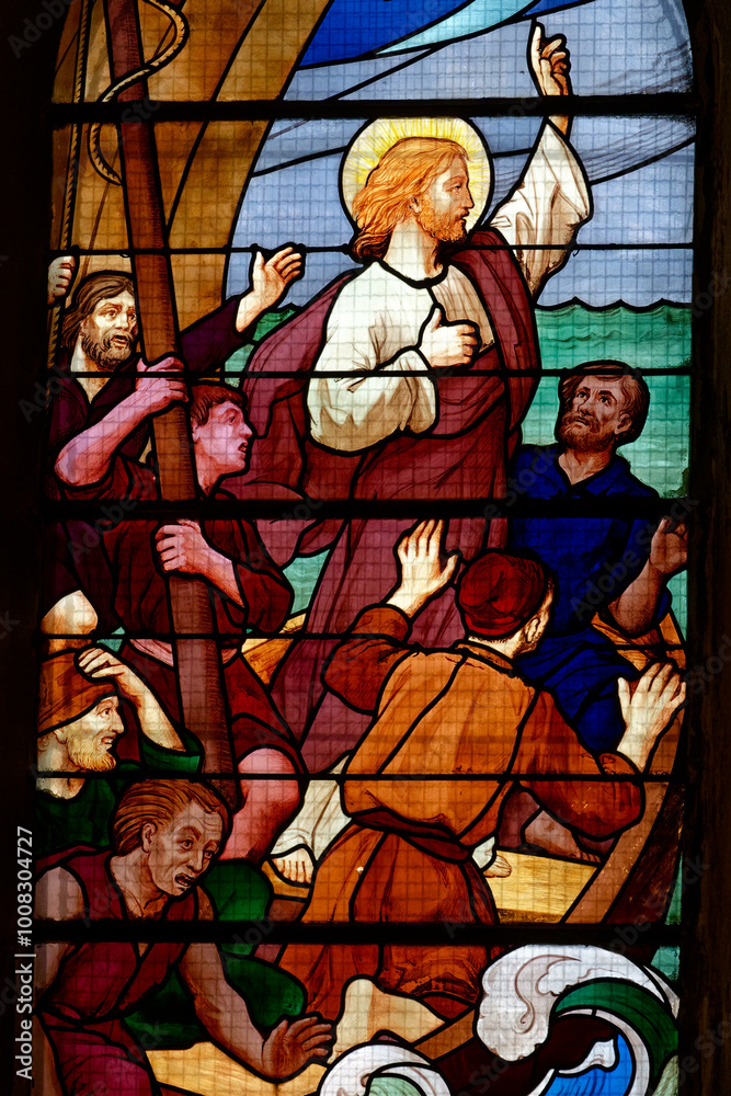 Stained glass (1926) of the Miracle of Jesus calming the storm. Stained glass (1926) of the Miracle of Jesus calming the storm.