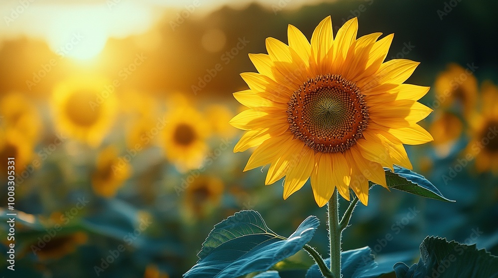 Fototapeta premium Vivid Sunflower Blooms Brightly Against a Softly Blurred Natural Background in Lush Greenery