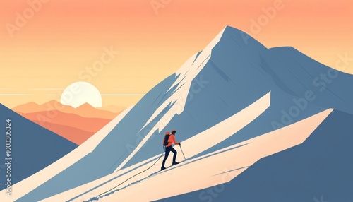 hikers or climbing on sunset mountain landscape illustration background