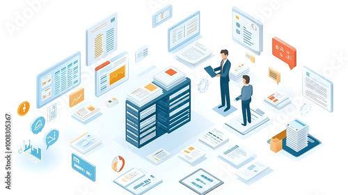 An isometric concept of a digital database is portrayed with a businessman managing documents, highlighting the organization of knowledge in the digital era