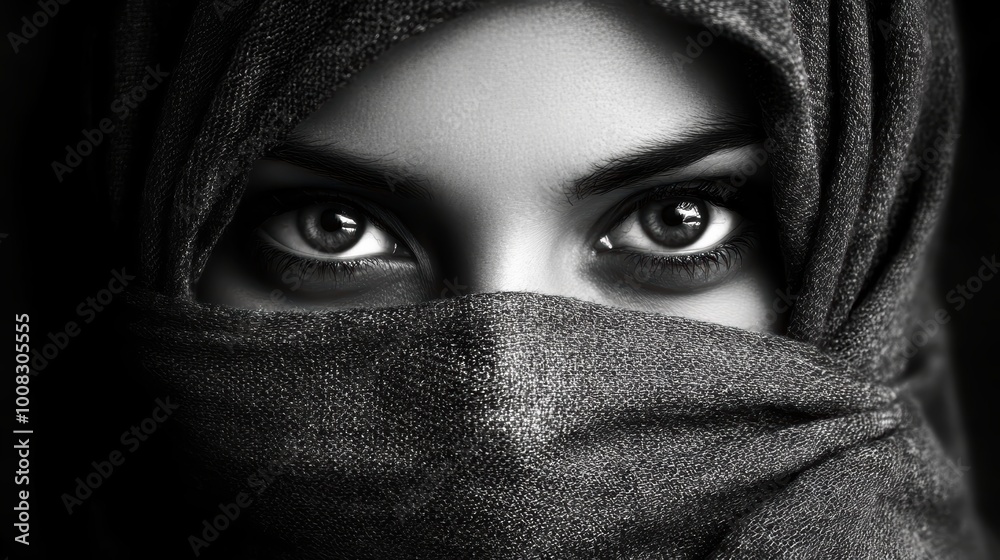 Naklejka premium Mysterious eyes peeking textured veil in monochrome