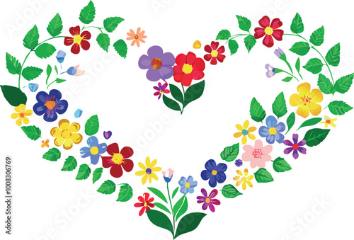 The shape of a heart drawn with a multitude of leaves and colorful flowers on a white background 
