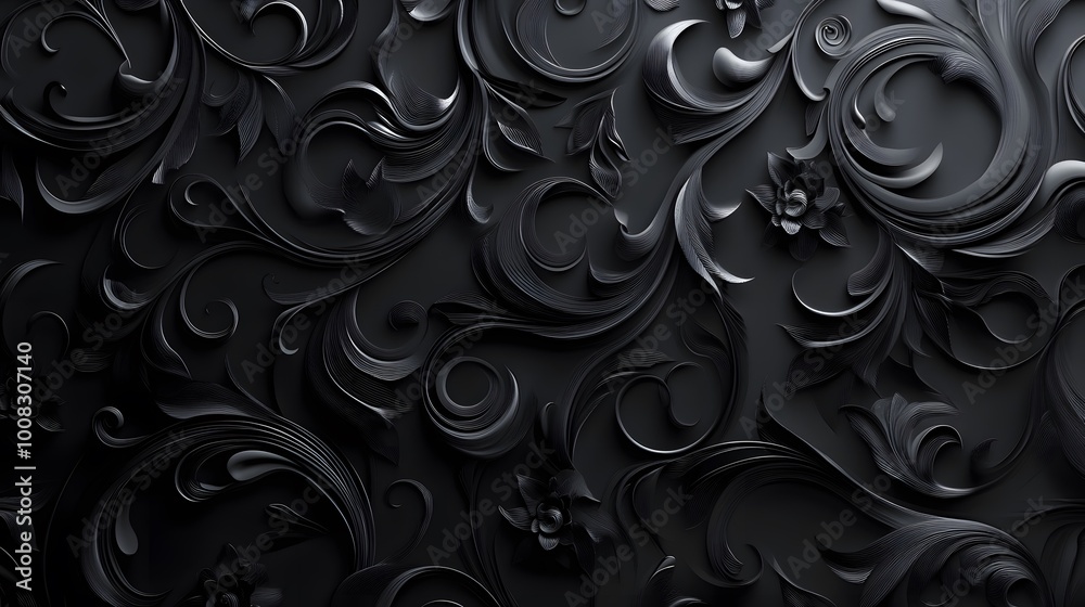 Elegant black floral pattern with intricate swirls and textures. Elegant black floral pattern with intricate swirls and textures.
