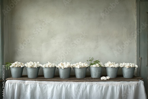 Serene white flowers in gray pots on rustic table textured wall