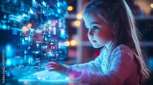 A kid girl learns online using futuristic technology. The concept of the integration of advanced digital tools in education, and learning experiences for the future generation. Generative AI.